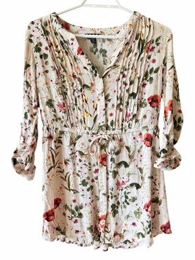 Hilary Radley Floral Boho Peasant Blouse Cottagecore Button Tie Waist Tunic Top